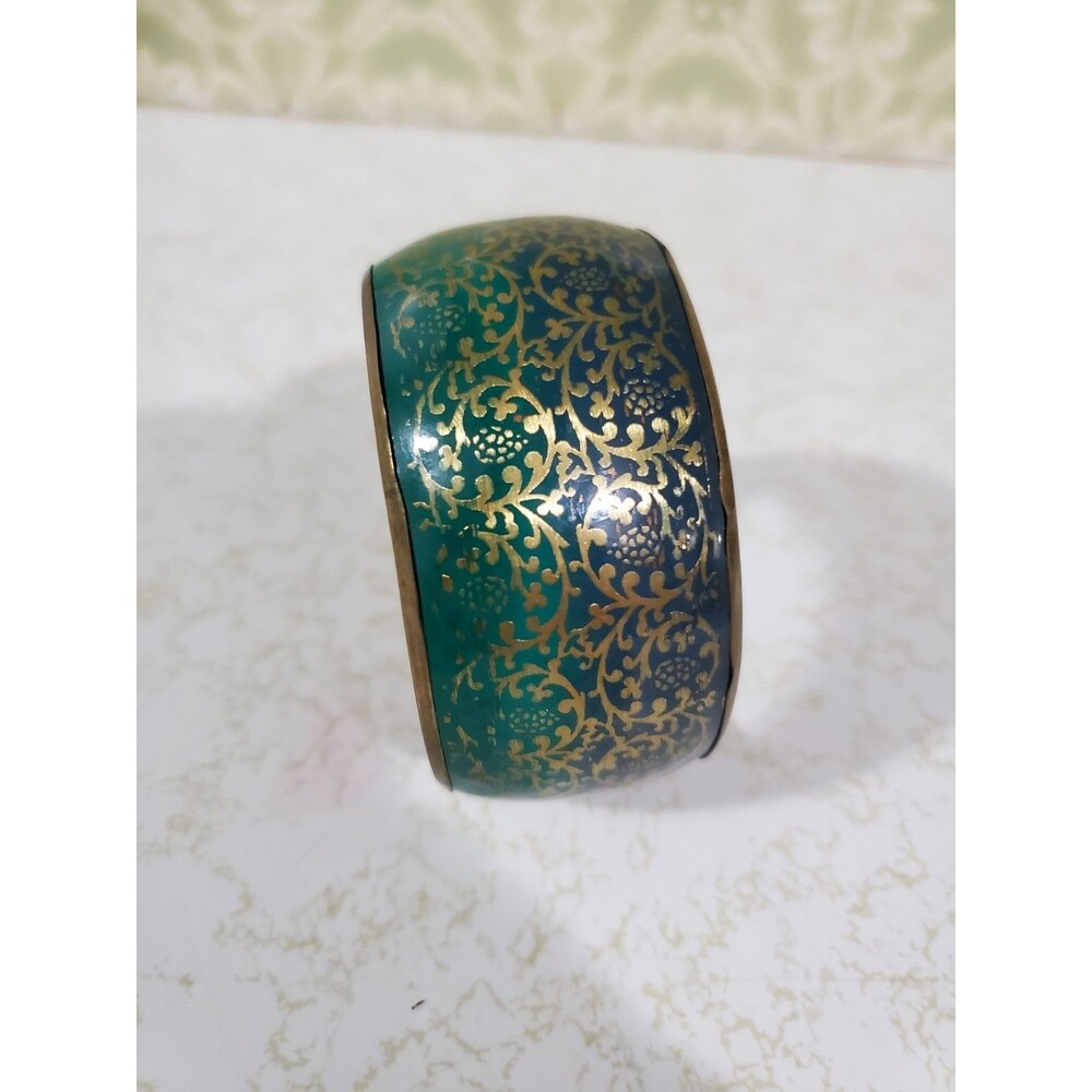 Chunky Brass Bangle Blue Green Enameled Gold Tone Floral Vine Design 1.25" Wide